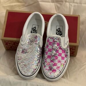 Vans Funky Pink and Silver Check Sequin Flip Slides
